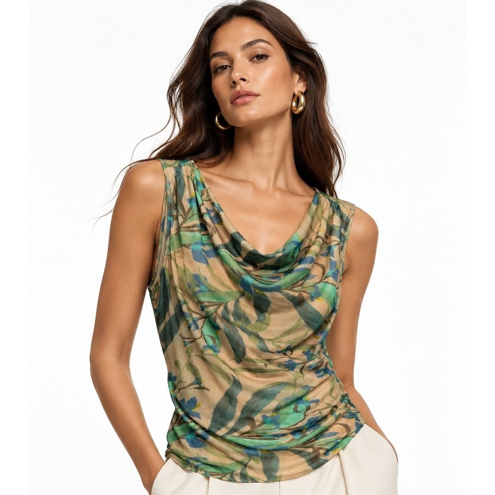 Les Serein Sleeveless Cowl Neck Mesh Knit Top Beige Floral XL NWT